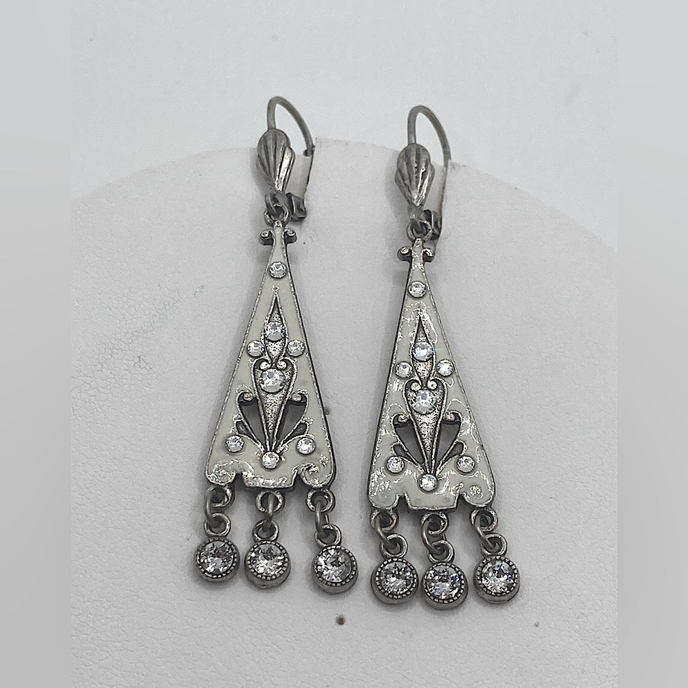 Vtg Art Deco Style Cream Enamel Rhinestone Silver Tone Earrings 2.2”